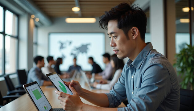 Business meeting in modern office with Asian businessman analyzing data using tablet. Business meeting setup includes diverse colleagues collaborating, discussing strategy,