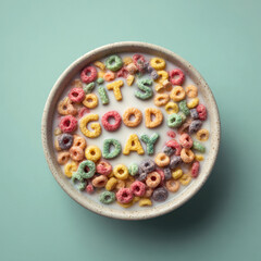 Colorful Breakfast Cereal: Top View of a Bowl with Multicolored Ring-Shaped Cereal.