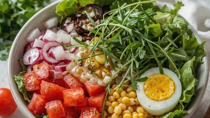 Fresh salad. Bowl with fresh raw vegetables - cucumber, tomato, watermelon radish, lettuce, arugula, corn, boiled egg, and greens. Healthy vegetarian Buddha bowl.