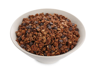Delicious granola with chocolate chips in bowl isolated on white