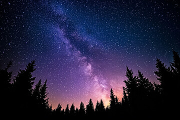 A dark tree line on the horizon beneath a sky bursting with celestial light  