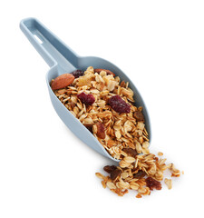 Delicious granola with dried fruits and nuts in scoop isolated on white