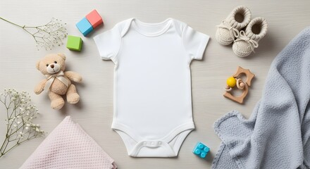Baby Onesie Flat Lay with Toys and Blankets on Light Wooden Background