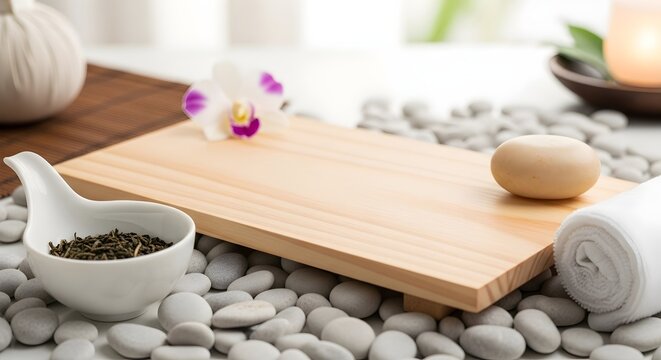 Spa Essentials with Soap, Towel, Tea, Orchid on Pebbles.