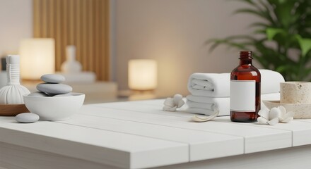Spa Products on Table - Serene Wellness Setting with Massage Oil and Stones.