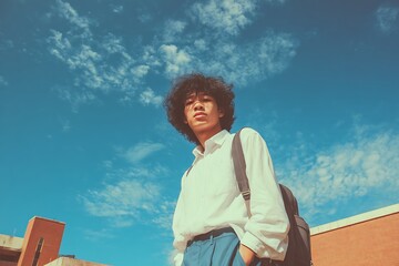 Young man with curly hair wearing a white shirt and backpack against a blue sky