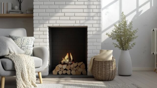 Cozy living room corner with soft armchair near bright white brick fireplace and warm natural light.