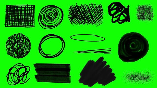 Set of animated Hand drawn tangle scribble doodle sketch, Highlighter Elements, Doodle marker elements, arrows, circles, lines, scratches frames, borders. Green screen, Alpha channel, white background