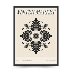 Merry Christmas and Happy New Year linocut poster template. Modern trendy Matisse minimal style. Hand drawn design for wallpaper, wall decor, print, postcard, cover, template, banner.