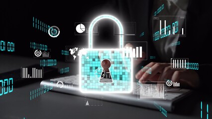 A modern digital security illustration showing a glowing padlock surrounded by data analytics...