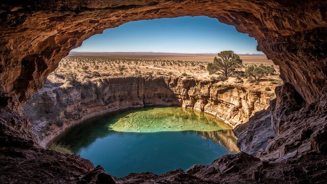 Cave on the Nullarbor Plain featuring a water-filled sinkhole and surrounding arid landscape.
