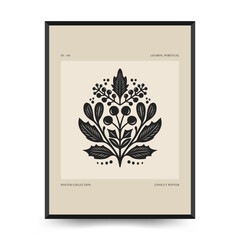 Merry Christmas and Happy New Year linocut poster template. Modern trendy Matisse minimal style. Hand drawn design for wallpaper, wall decor, print, postcard, cover, template, banner.