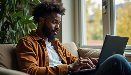 Man using laptop on couch in cozy living room for relaxed work from home. Man working on laptop displays focus and concentration in home environment.