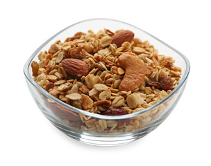 Tasty granola with nuts and raisins isolated on white
