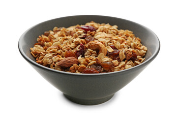 Tasty granola with nuts and raisins isolated on white
