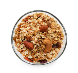 Tasty granola with nuts and raisins isolated on white, top view