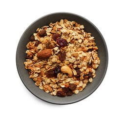 Tasty granola with nuts and raisins isolated on white, top view