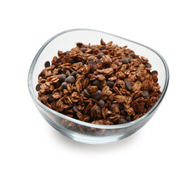 Tasty granola with chocolate chips isolated on white