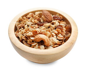 Tasty granola with nuts and raisins isolated on white