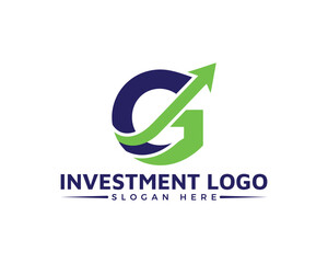 Investment logo design featuring the letter g with an arrow pointing upwards, symbolizing growth and success isolated on white background a modern and professional logo concept