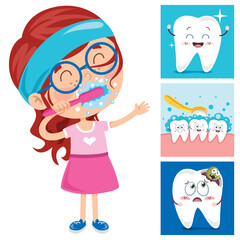 An adorable cartoon of a little girl brushing her teeth, emphasizing the importance of dental hygiene and promoting a healthy smile through this simple yet essential activity.