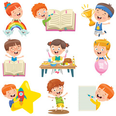 A colorful illustration of children joyously engaging in academic and playful activities, showcasing their curiosity and creativity in a vibrant learning environment.