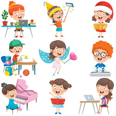 An energetic depiction of children celebrating learning through various joyful activities, encouraging creativity and teamwork in diverse educational environments.