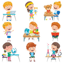 A delightful collection depicting children happily participating in various learning activities, focusing on development, curiosity, and collaborative play settings.