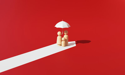 Wooden family figures standing under a white umbrella on a white path, symbolizing family protection and life insurance concept. 3d rendering.