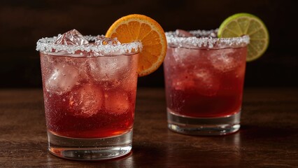 Frozen lime margarita and blood orange margarita cocktail mix in salt rimmed glasses garnished. Dark wooden background. Focus on the citrus slice. Shallow depth of the field.