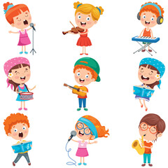 A vibrant illustration of cheerful children participating in various musical activities, showcasing their love for music through singing and playing instruments together in harmony.