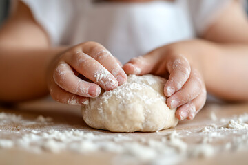 A child's hands knead a ball of dough on a floured surface. Close-up, the image highlights the texture and process of baking. A wholesome scene of home cooking and tactile learning.