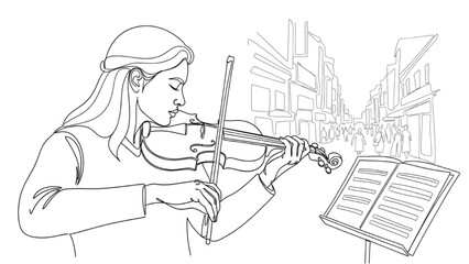 Street Performer Line Art — Violinist Playing Melodic Tune with Sheet Music, Minimal Expressive Outline Illustration