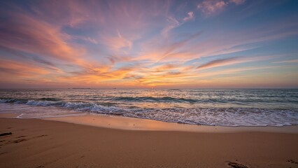 Obraz premium Scenic sunset backdrop over the beach during evening times. Nature and landscape. Sunset and dusk. The concept of peaceful natural scenery.