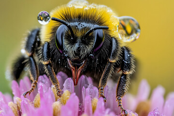 A dewdrop magnifying the furry texture of a tiny bumblebee