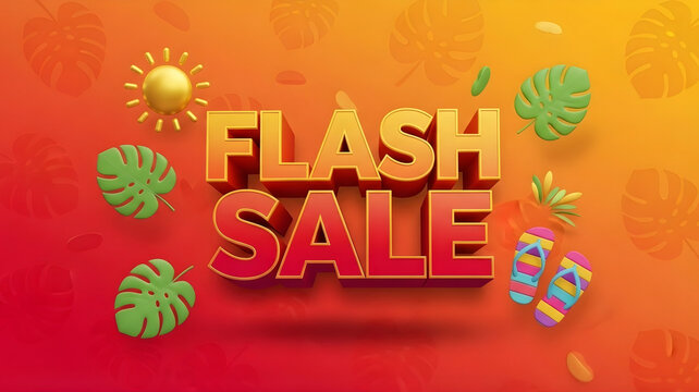 Summer Themed 3D "FLASH SALE" Text with Tropical Leaves, Sun, and Flip-Flops on Gradient Background - Powered by Adobe