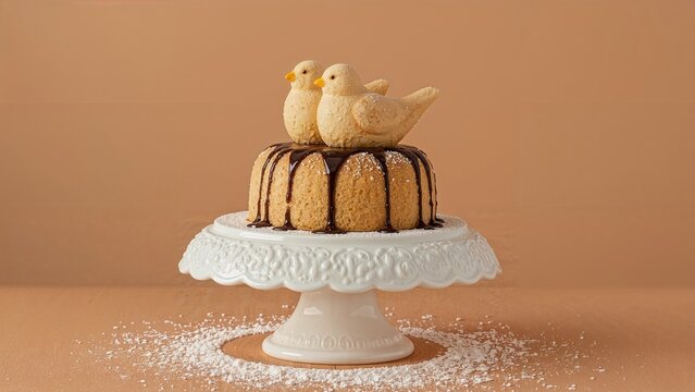 Polenta e Osei di Bergamo Alta, a renowned Bergamo sweet made from sponge cake, chocolate, butter, hazelnut creams, and rum, displayed on a cake stand.