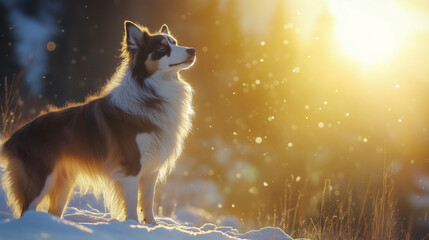 Dog standing in snow during sunset with soft lighting  