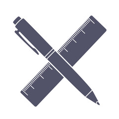 Dark purple pen and ruler crossed on white background vector graphic writing measuring