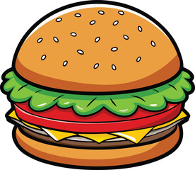 Deliciously Simple Burger: A mouthwatering, photorealistic illustration showcases a perfectly constructed burger with sesame-studded bun, fresh lettuce, a juicy tomato slice, melted cheese.