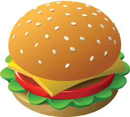 Deliciously Simple Burger: A mouthwatering, photorealistic illustration showcases a perfectly constructed burger with sesame-studded bun, fresh lettuce, a juicy tomato slice, melted cheese.