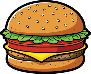Deliciously Simple Burger: A mouthwatering, photorealistic illustration showcases a perfectly constructed burger with sesame-studded bun, fresh lettuce, a juicy tomato slice, melted cheese.