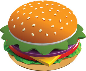 Deliciously Simple Burger: A mouthwatering, photorealistic illustration showcases a perfectly constructed burger with sesame-studded bun, fresh lettuce, a juicy tomato slice, melted cheese.