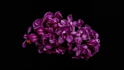 Dark purple orchid flower on black isolated background for design. Closeup. Nature. purple flower isolated on a black backdrop close up. Shades of purple. Berry wine lilac.