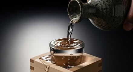 Pouring Japanese sake into an overflowing glass in a wooden masu box.