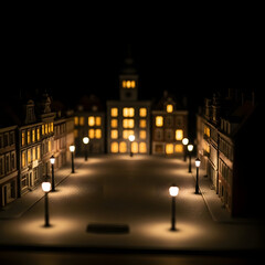 Obraz premium A Miniature Cityscape at Night: Luminous Streetlamps and Buildings
