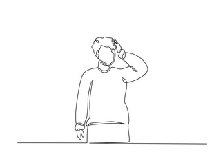 Man with his hands on his head in single outline illustration. Continuous line art drawing of depressed man holds head. Editable stroke.