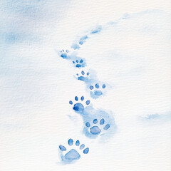 Watercolor paw prints leading through a snowy background  