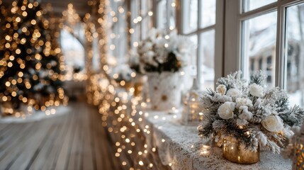 A window with a Christmas tree and a vase of white flowers. The flowers are in a small vase and are placed on a table. The scene is lit up with Christmas lights, creating a warm and cozy atmosphere