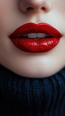 Fototapeta premium A woman's lips are painted red with glitter. Concept of glamour and sophistication, as the woman's lips are the focal point of the photo. The glitter adds a touch of sparkle and glamour to the lips